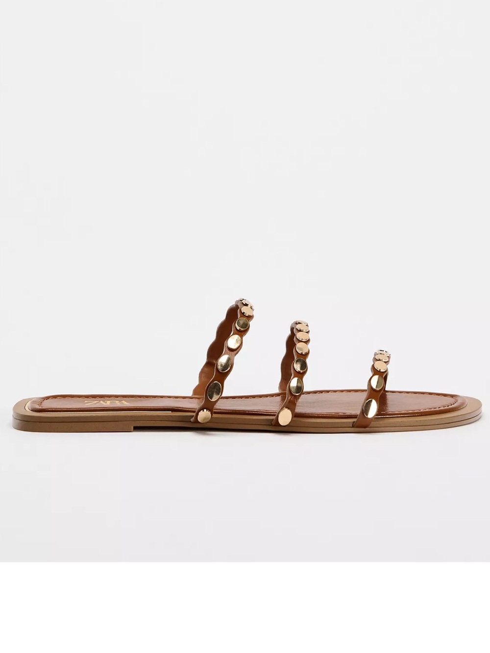 NEW Zara 3-Strap Brown Studded Flat Sandal size 38